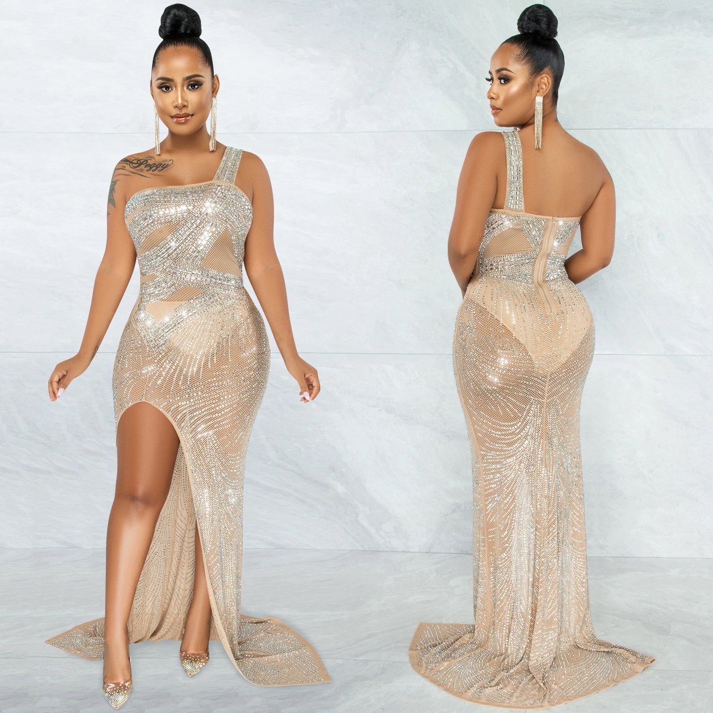 Nightclub Hot Rhinestone Single Sling Slit Long Skirt Dress