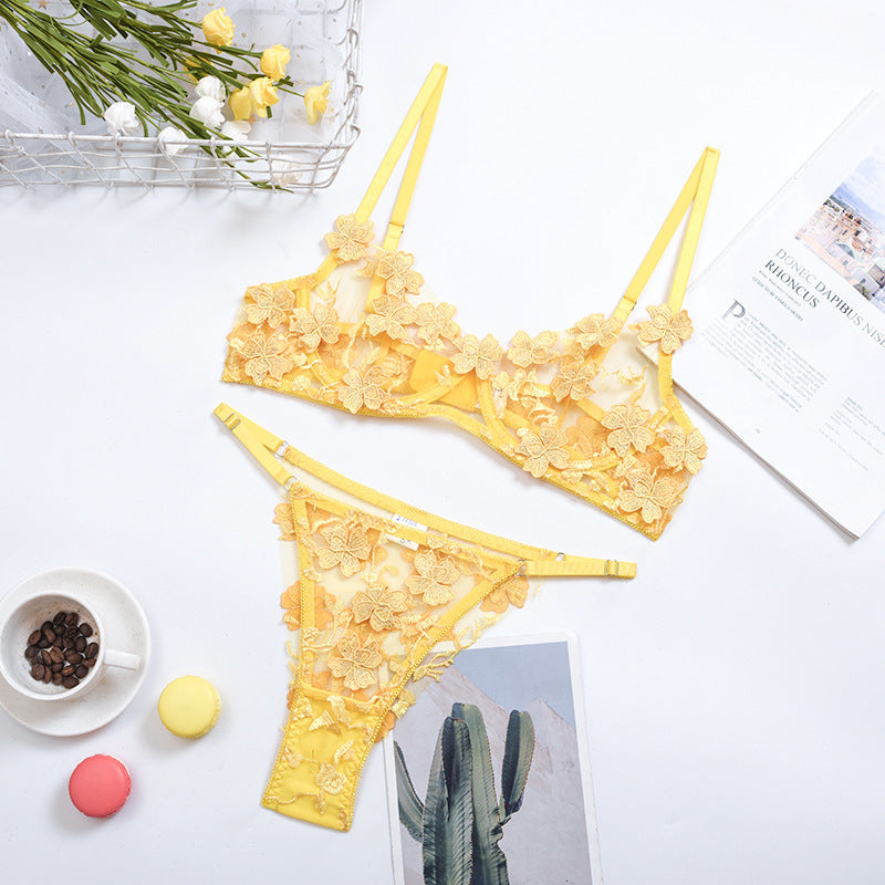 Embroidered Flower Mesh See-through Sexy Underwear Set