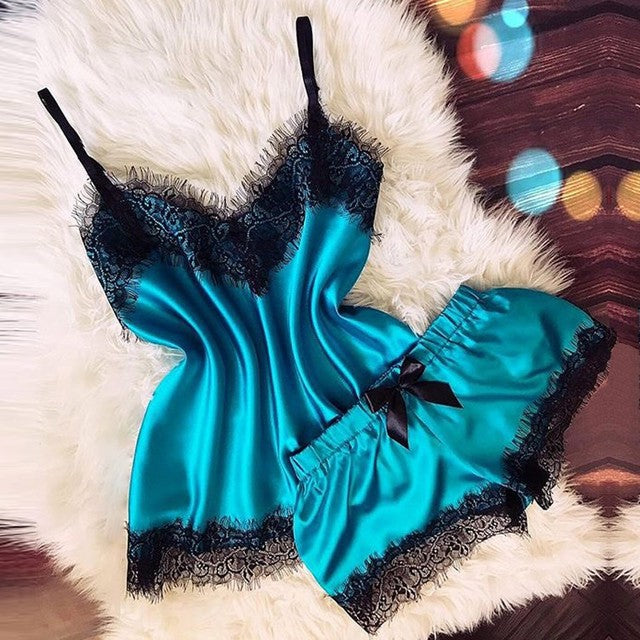 Lencería sexy para mujer, ropa de dormir, camisola, pantalones cortos con lazo, cuello en V