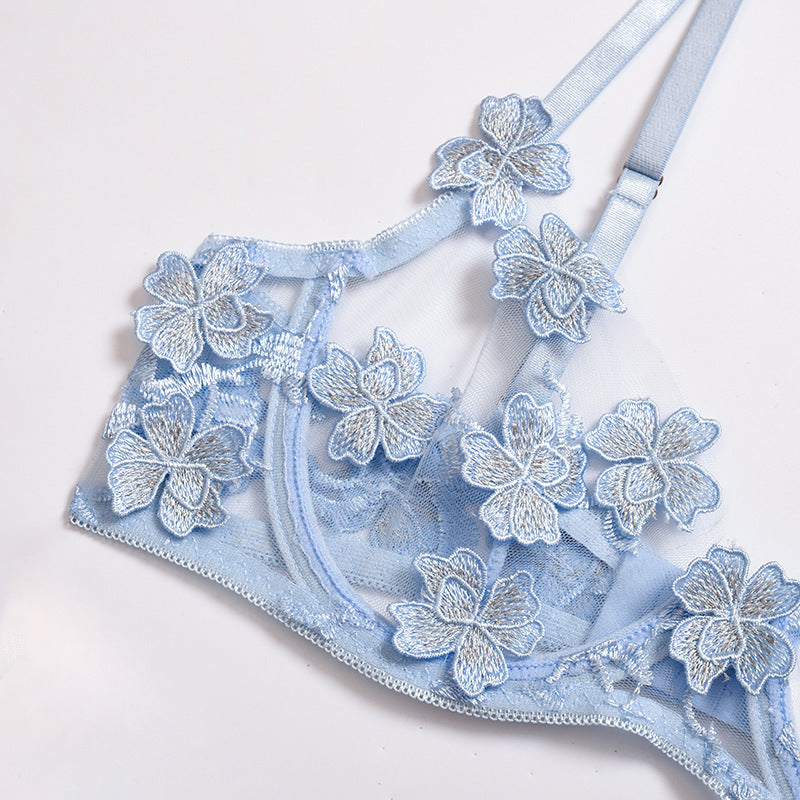 Embroidered Flower Mesh See-through Sexy Underwear Set