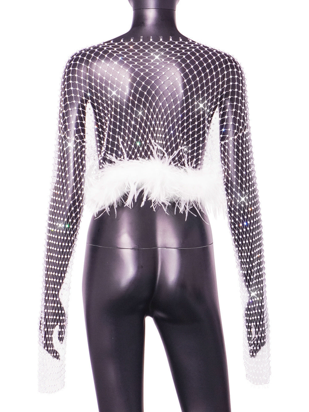 Women's Elegant Slim-fit Diamond Super Shiny Ostrich Feather Sexy Rhinestones Fishnet Top