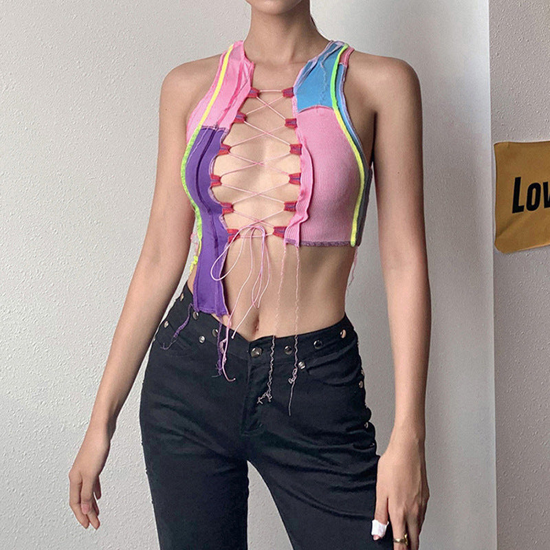 Color Irregular Navel Lace-up Cutout Sexy Low-cut Vest Nightclub Goddess Temperament Summer