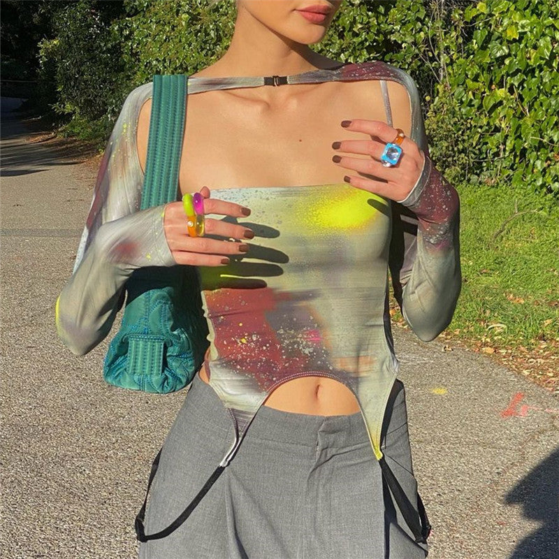 Printed Sexy Square Neck Slim Tank Long Sleeve Vest Set