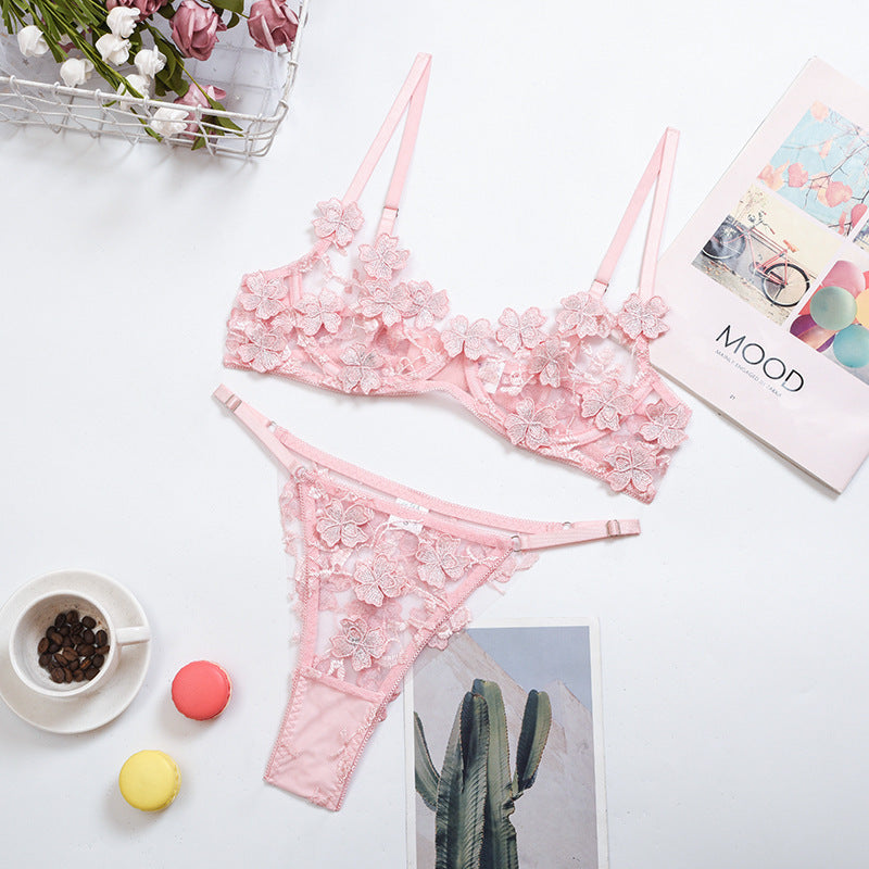 Embroidered Flower Mesh See-through Sexy Underwear Set