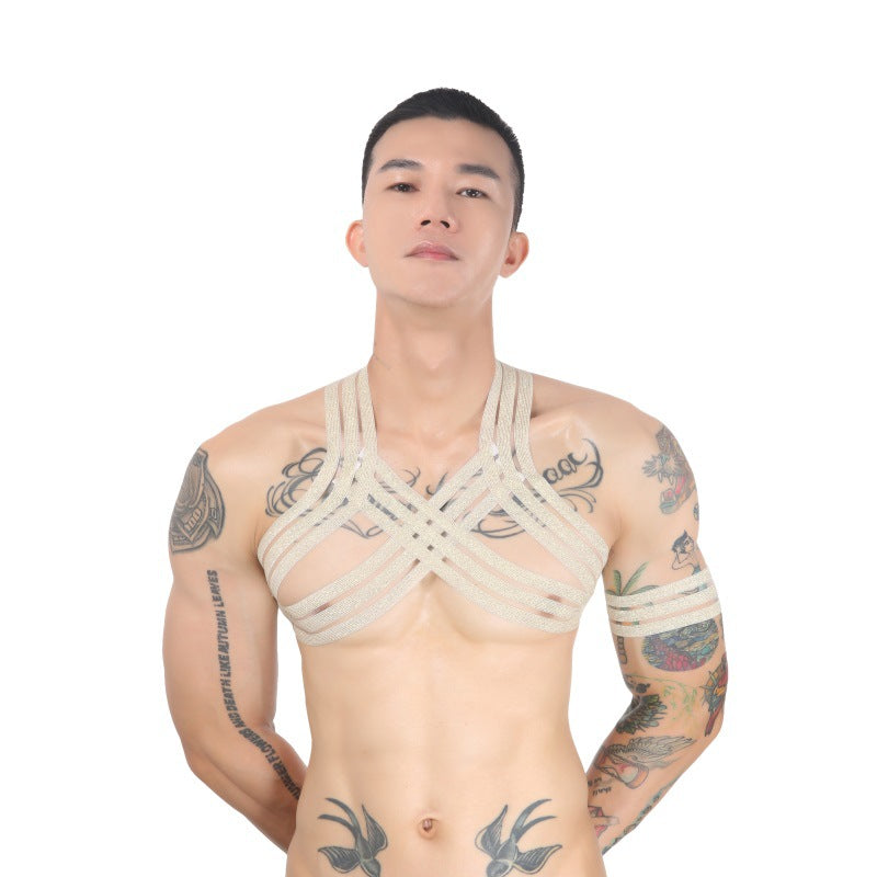 Men Body Chest Metal Chain Harness Elastic Shoulder Strap Stage Costume Clubwear Necklace