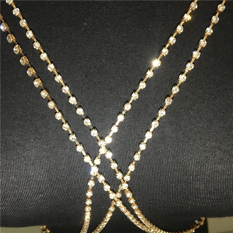 Shining Rhinestones Chest Cross Body Chain Boho Multi Layers Chest Chain Harness Body Jewellery Jewelry Crystal Chest