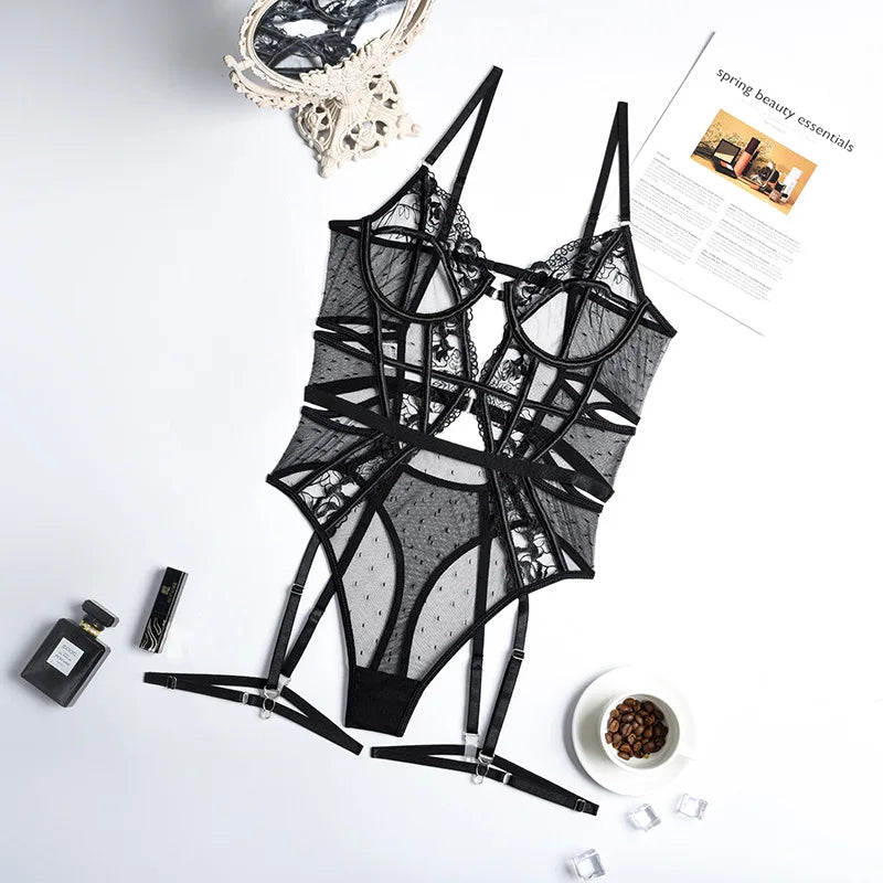 Ellolace Bodysuit Women Sexy Exotic Costumes Lace Transparent Hot Intimate Body See Through Porn Sissy High Cut Black Teddy