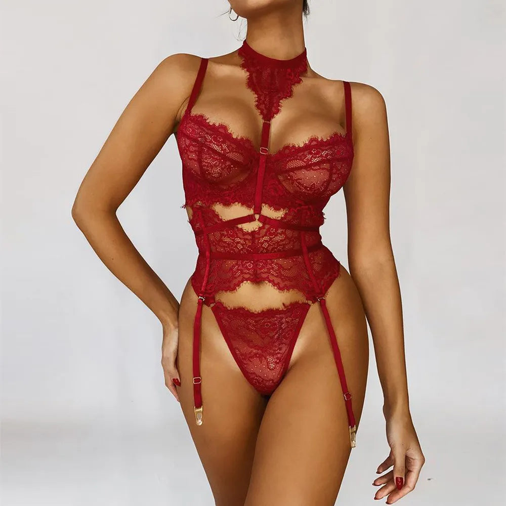 Underwear Sexy Lingerie 3-Pieces Transparent Bra Lace Suit Sexy Garter Belt With Stockings Woman Intimate
