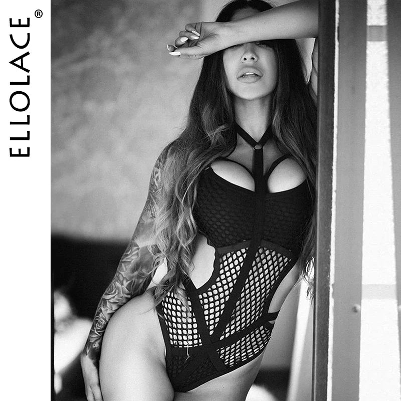 Ellolace Sheer Knit Fish Net Mesh Bodysuit Women Sexy Goth Lingerie Overalls Hollow Out Sleeveless Body Black Lace Top