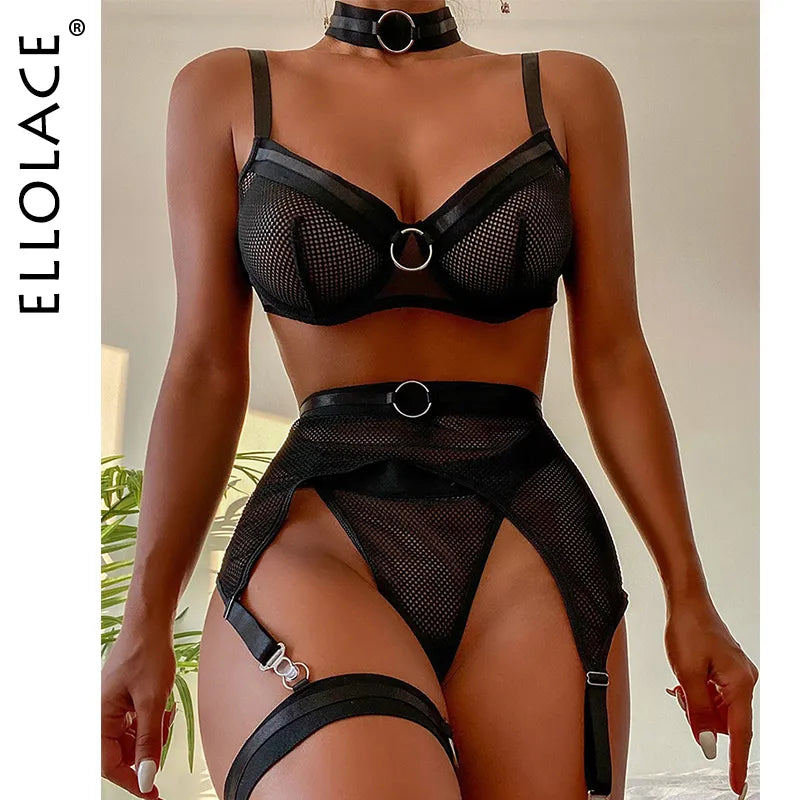 Four-Piece Set Lingerie Transparent Bra Kit Push Up See Through Lace Langerie Mesh Seamless Underwear Garters