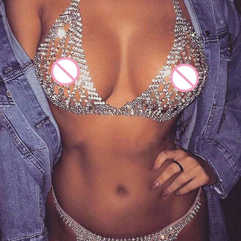 Sexy Rhinestone Crystal Bralette Lingerie Set Women's Underwear Jewelry for Lady Chain Bling Rhinestone Bra and Thong
