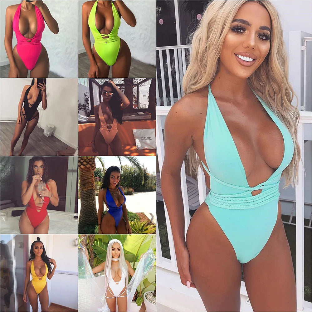 Deep V-Neck Bikini Women's Swimsuit Halter Bathing Suit 2020 Monokini String y Swimsuit One Piece High Cut Swimwear