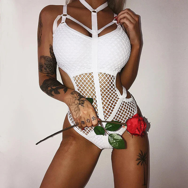 Ellolace Sheer Knit Fish Net Mesh Bodysuit Women Sexy Goth Lingerie Overalls Hollow Out Sleeveless Body Black Lace Top