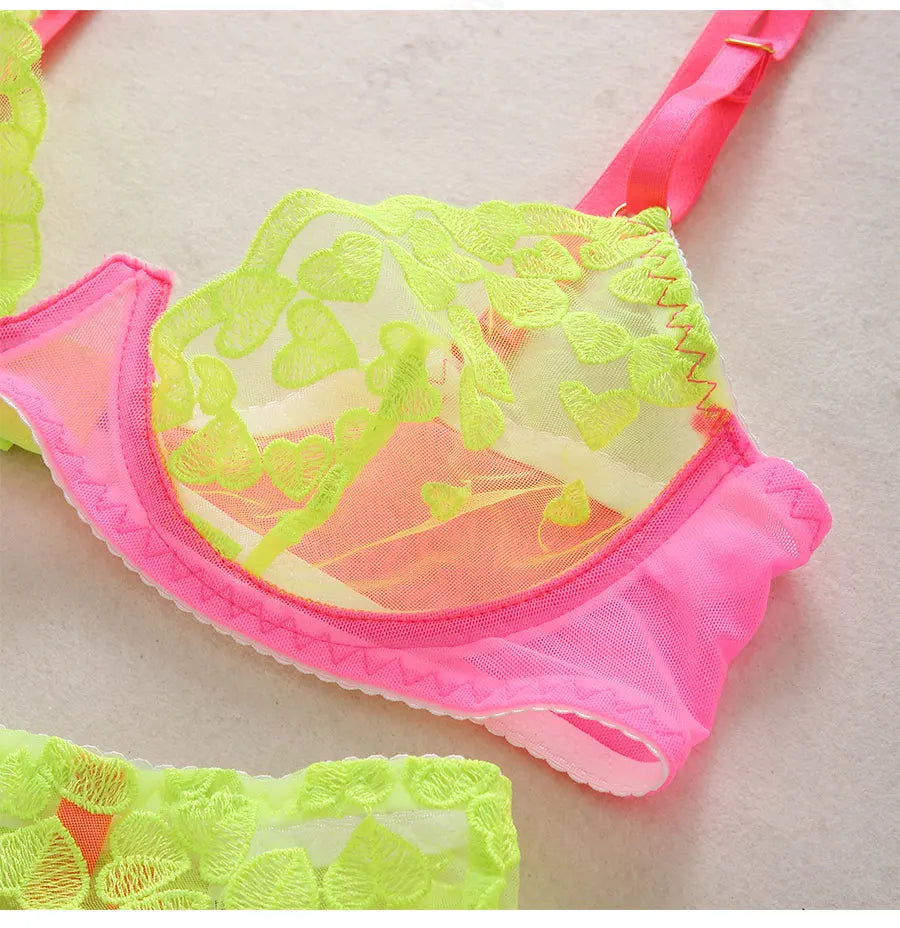 Neon Lace Lingerie Underwear Heart-Shaped Embroidery Set Sensual Patchwork 3-Piece Garters Breves Sets