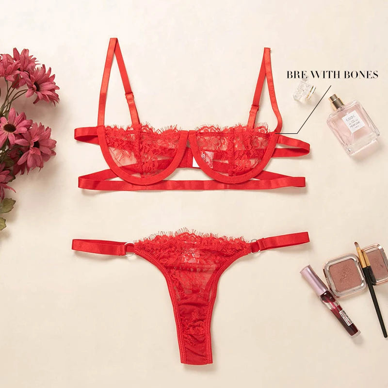Women's Underwear Lingerie See Through Bra Low Cup Lace Underwear Set y Lingerie Set Bra And Panty Set