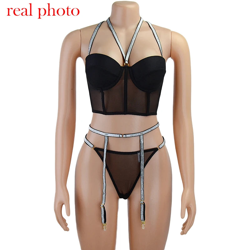 Lingerie Sequin Lingerie Set y Push up Bra 3 Piece Set Padded Women's Underwear Set Bra and Thong y Lingerie