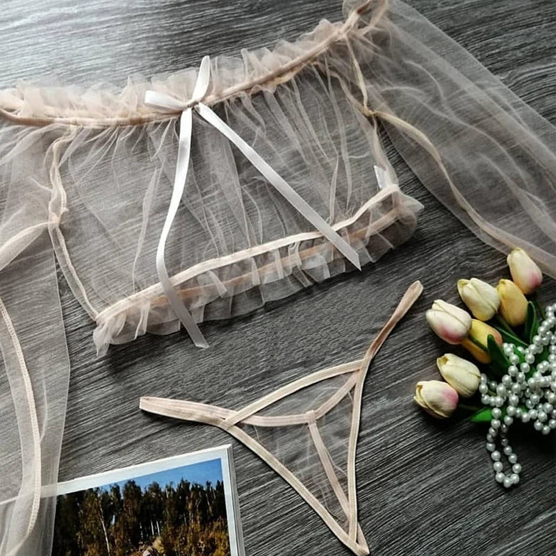 Lencería transparente con hombros descubiertos, disfraces exóticos con volantes sensuales, conjuntos de Tanga y Top sexys de encaje de manga larga