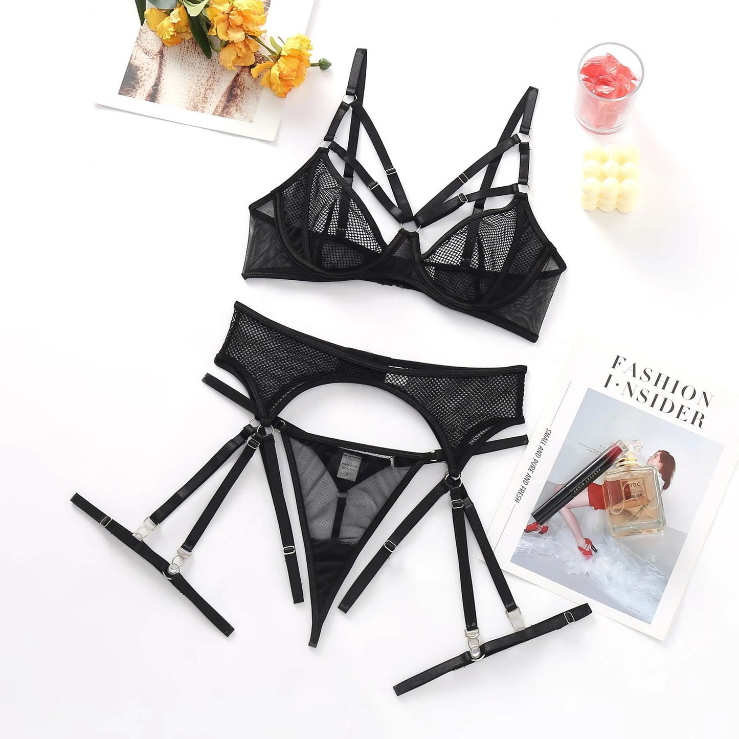 Lencería de encaje, ropa interior Sensual, calzoncillos de malla de 3 piezas, conjuntos de ligas, Kit de sujetador transparente, Push Up exótico íntimo