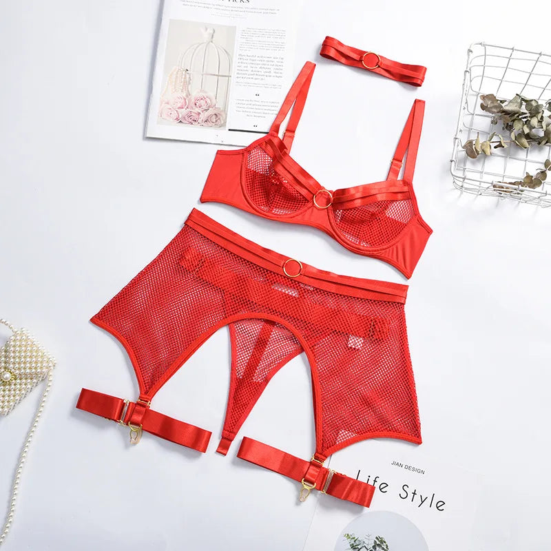 Four-Piece Set Lingerie Transparent Bra Kit Push Up See Through Lace Langerie Mesh Seamless Underwear Garters