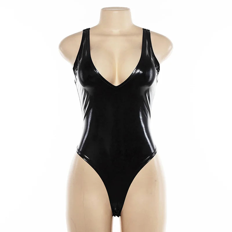 Body en cuir noir pour femmes, combinaison dos nu, col en v, Sexy, moulante, été, Pu, noir, 2021
