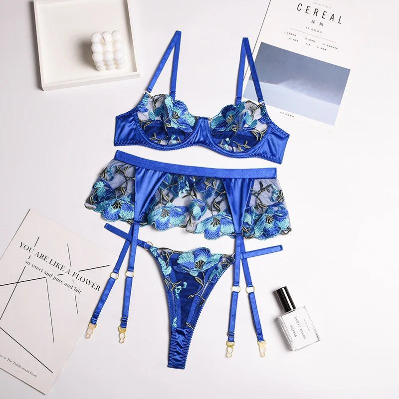 Floral Lingerie Women's Underwear Fancy Transparent Bra Brief Set with Garters Embroidery y Lace Intimate