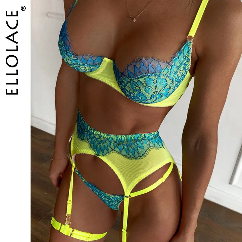 Ellolace Sensual Lingerie Lace Push Up Delicate Underwear 3-Piece Underwire Exotic Sets Fancy Beautiful Short Skin Care Kits