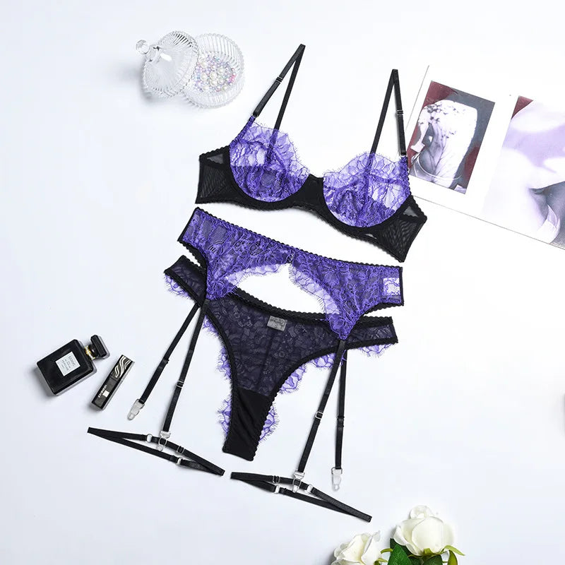 Lingerie Lace Patchwork Sensual Exotic Sets Transparent Bra Underwear 3-Piece Garters Hot Intimate