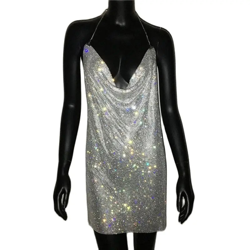 Sexy Crystal Mesh Sequins Nightclub Dress Women Backless Slit Metal Fabric Rhinestones Party Club Mini Dresses for Lady