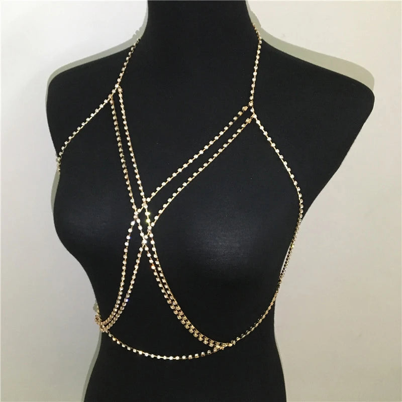 Shining Rhinestones Chest Cross Body Chain Boho Multi Layers Chest Chain Harness Body Jewellery Jewelry Crystal Chest