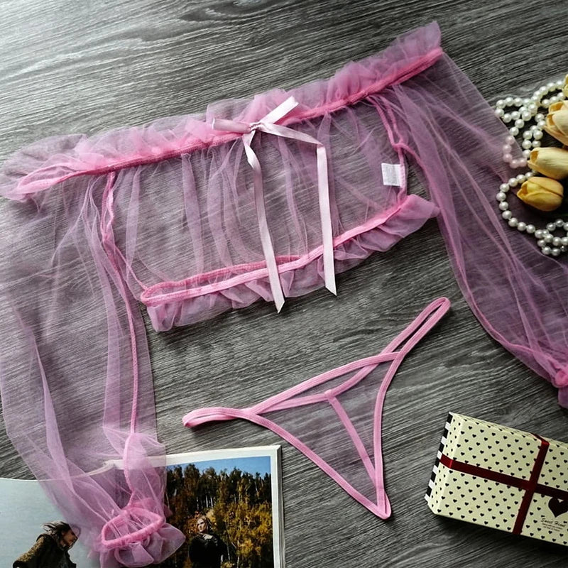 Lencería transparente con hombros descubiertos, disfraces exóticos con volantes sensuales, conjuntos de Tanga y Top sexys de encaje de manga larga
