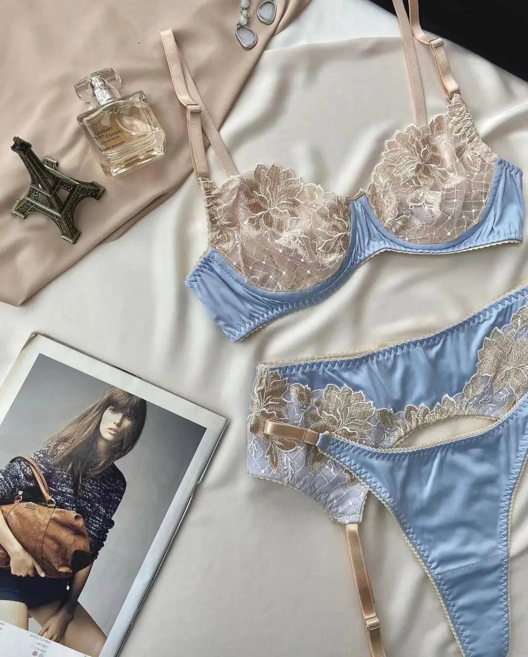 Sexy Lingerie Lace Embroidery Underwear Set Underwire Push Up Bra Brief Sets with Garters Fancy Sensual Outfit