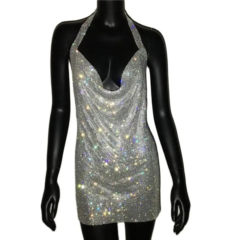 Luxury Crystal Rhinestone Sequins Mini Dress 2023 NEW Women Halter Backless Slit Metal Mesh Cocktail Evening Party Dresses