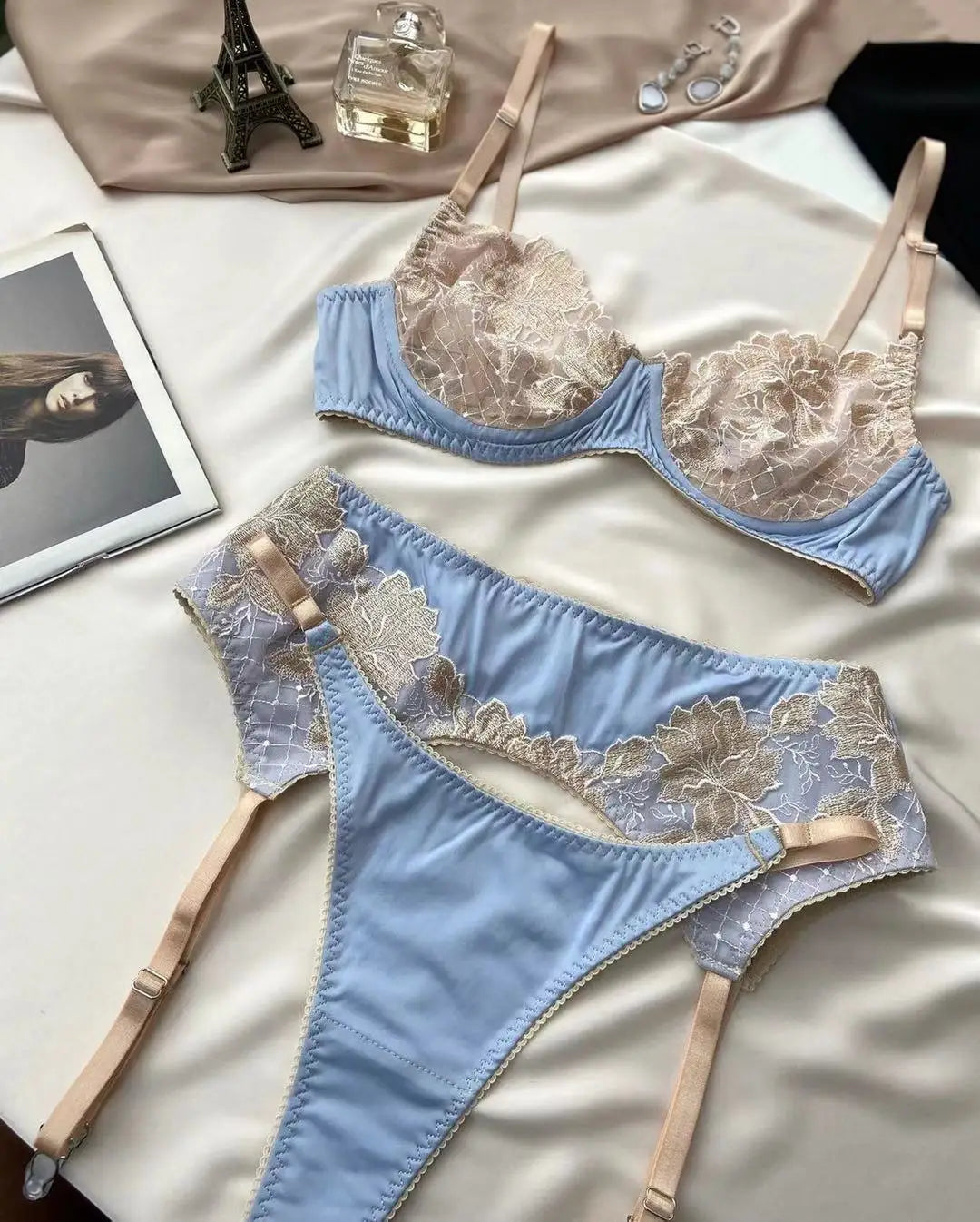 Sexy Lingerie Lace Embroidery Underwear Set Underwire Push Up Bra Brief Sets with Garters Fancy Sensual Outfit