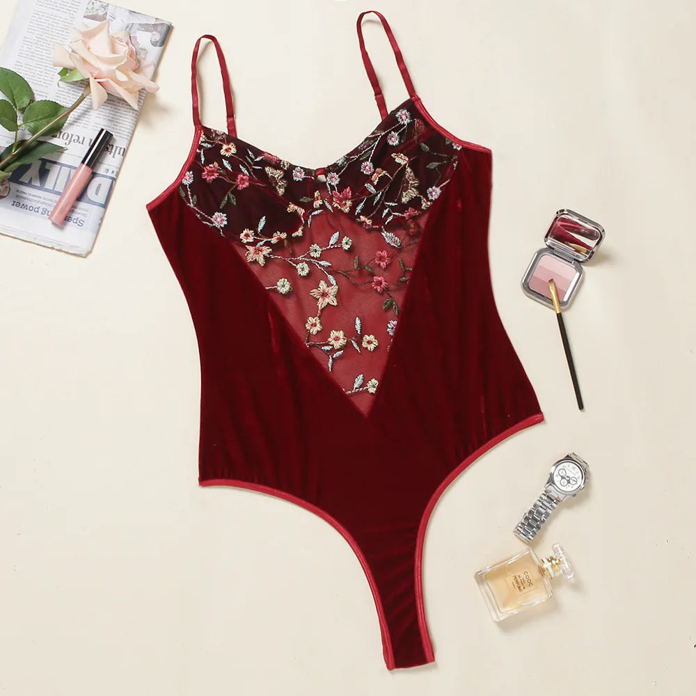 Velvet Bodysuit Women Floral Embroidery Overalls for Women Lace Patchwork Bodys y Lace Bodysuit Dropshipping