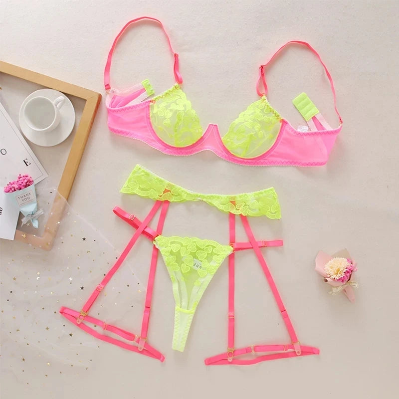 Neon Lace Lingerie Underwear Heart-Shaped Embroidery Set Sensual Patchwork 3-Piece Garters Breves Sets