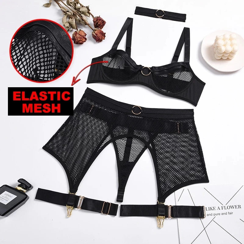 Four-Piece Set Lingerie Transparent Bra Kit Push Up See Through Lace Langerie Mesh Seamless Underwear Garters
