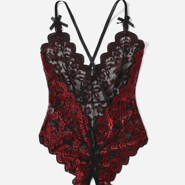 Combinaison sexy en dentelle papillon avec écharpe