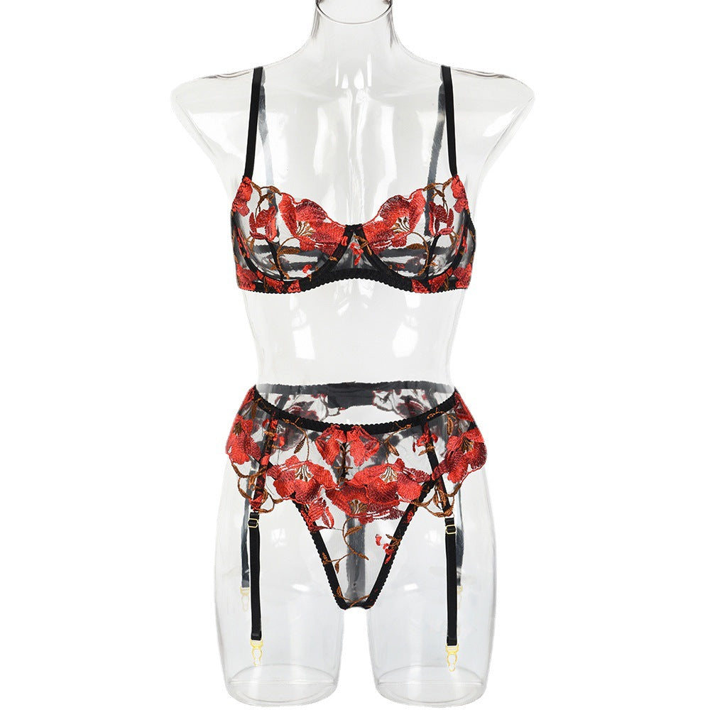 Sexy Underwear Valentine Day Year Export Red Embroidery Floral Three-Piece
