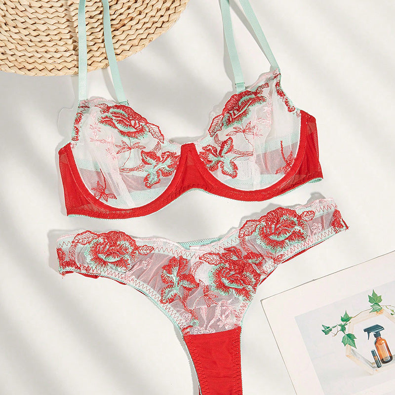 Ensemble de sous-vêtements Ultra fins en maille brodée, couture transparente, soutien-gorge en dentelle, ensemble deux pièces Sexy