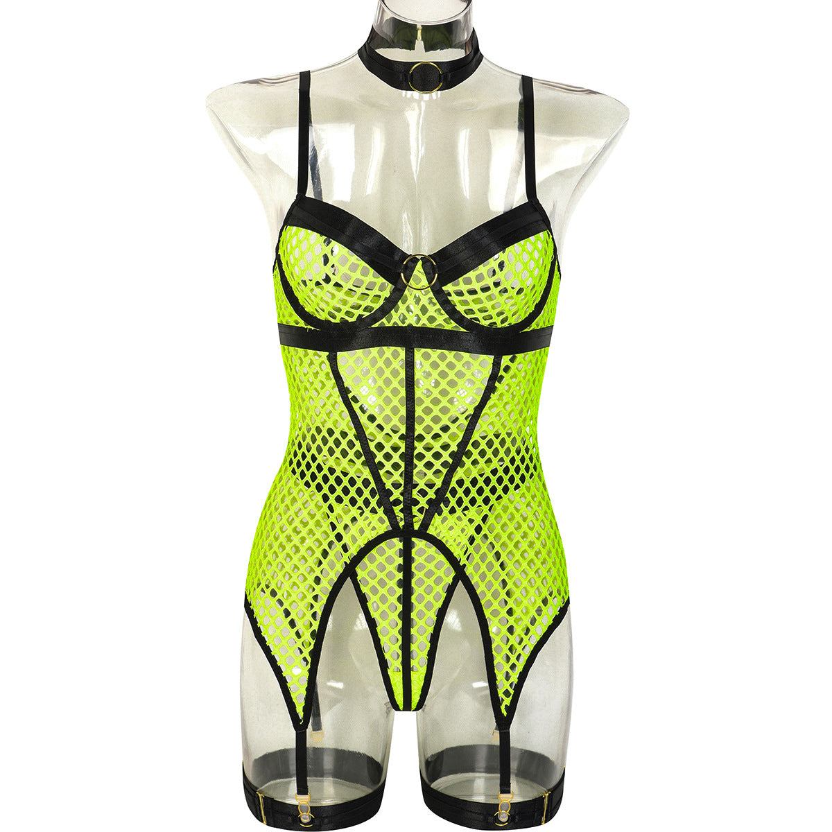 Ensemble trois pièces jupe sexy, coutures en maille large, avec anneau en acier, sous-vêtements avec anneau de jambe licou