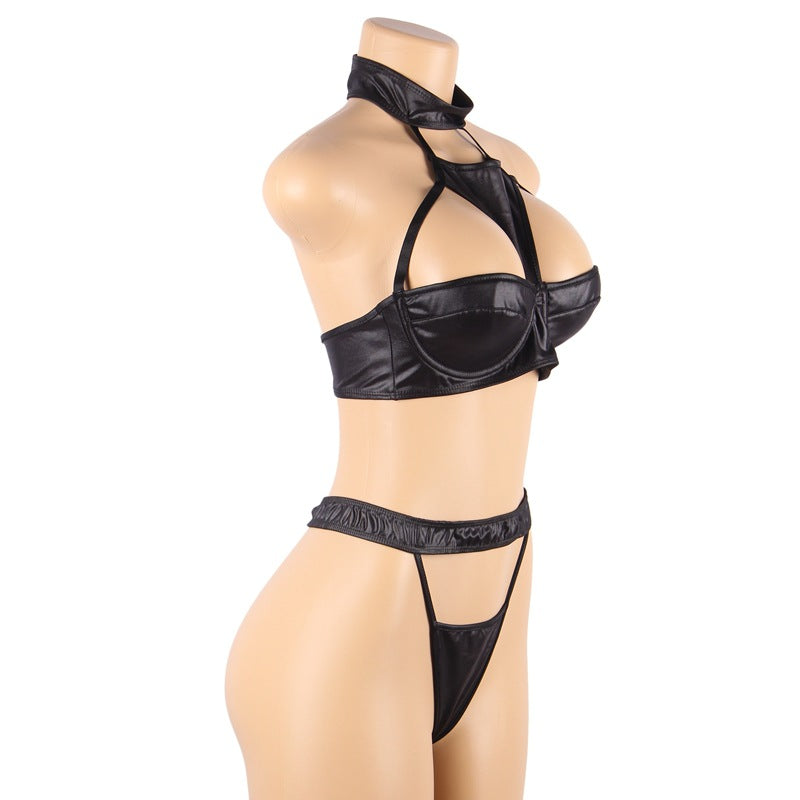 Sexy Uniform Seduction Sexy Faux Leather Three Point Bra Set Plus Size Underwear