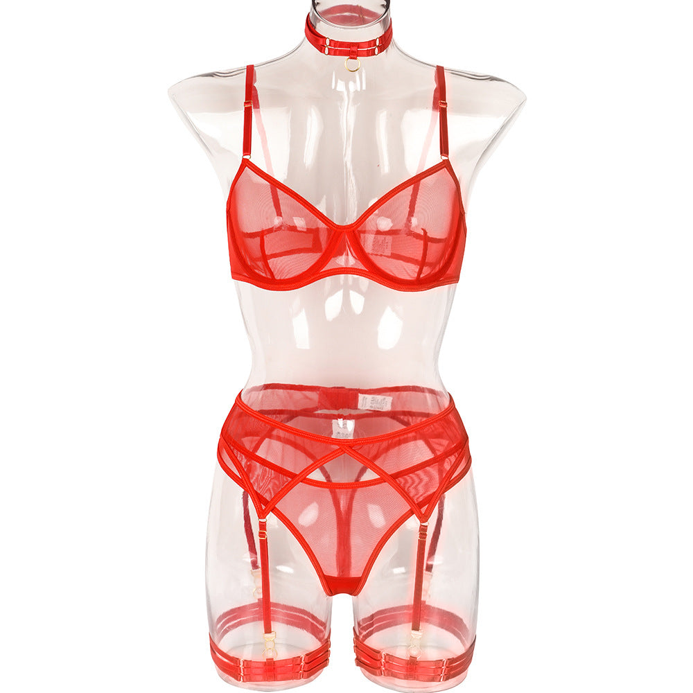 Sexy Underwear Four Piece Set Popular Mesh Stitching With Neck Leg Ring High Quality Underwear