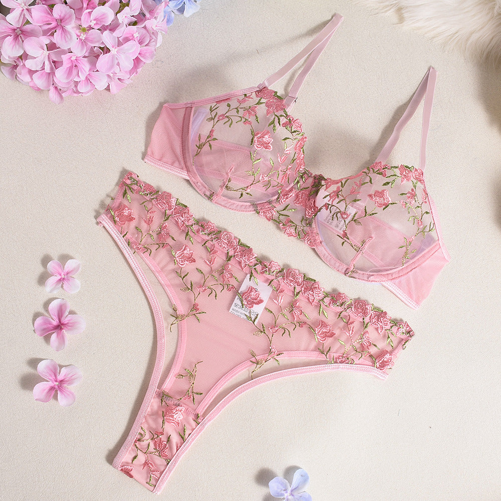 Lingerie Sexy Bra Underwear Transparent Mesh Embroidered Floral Underwear Two Piece Set