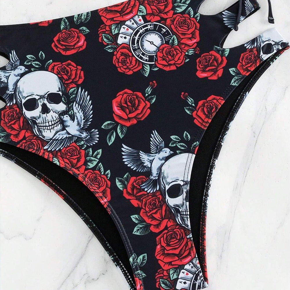 Ensemble deux pièces moulant tête de mort à fleurs pour femmes