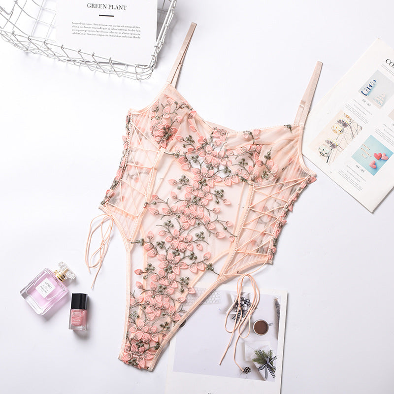 Sexy Lingerie Sexy Lace Mesh See through Embroidery Tied Jumpsuit
