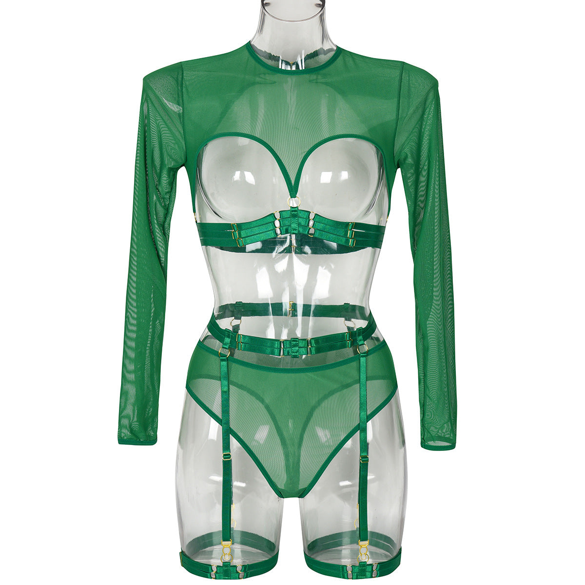 Mesh See through Patchwork Lace up Heavy Craft Complex Three Piece Sexy Lingerie