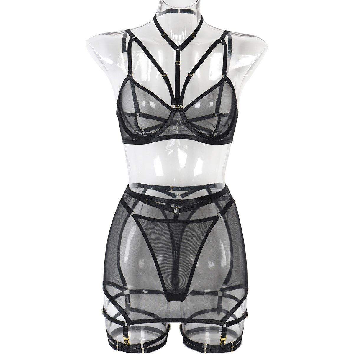 Sexy Lingerie Three Piece Set Mesh with Steel Bracket Stitching Sexy Clothes