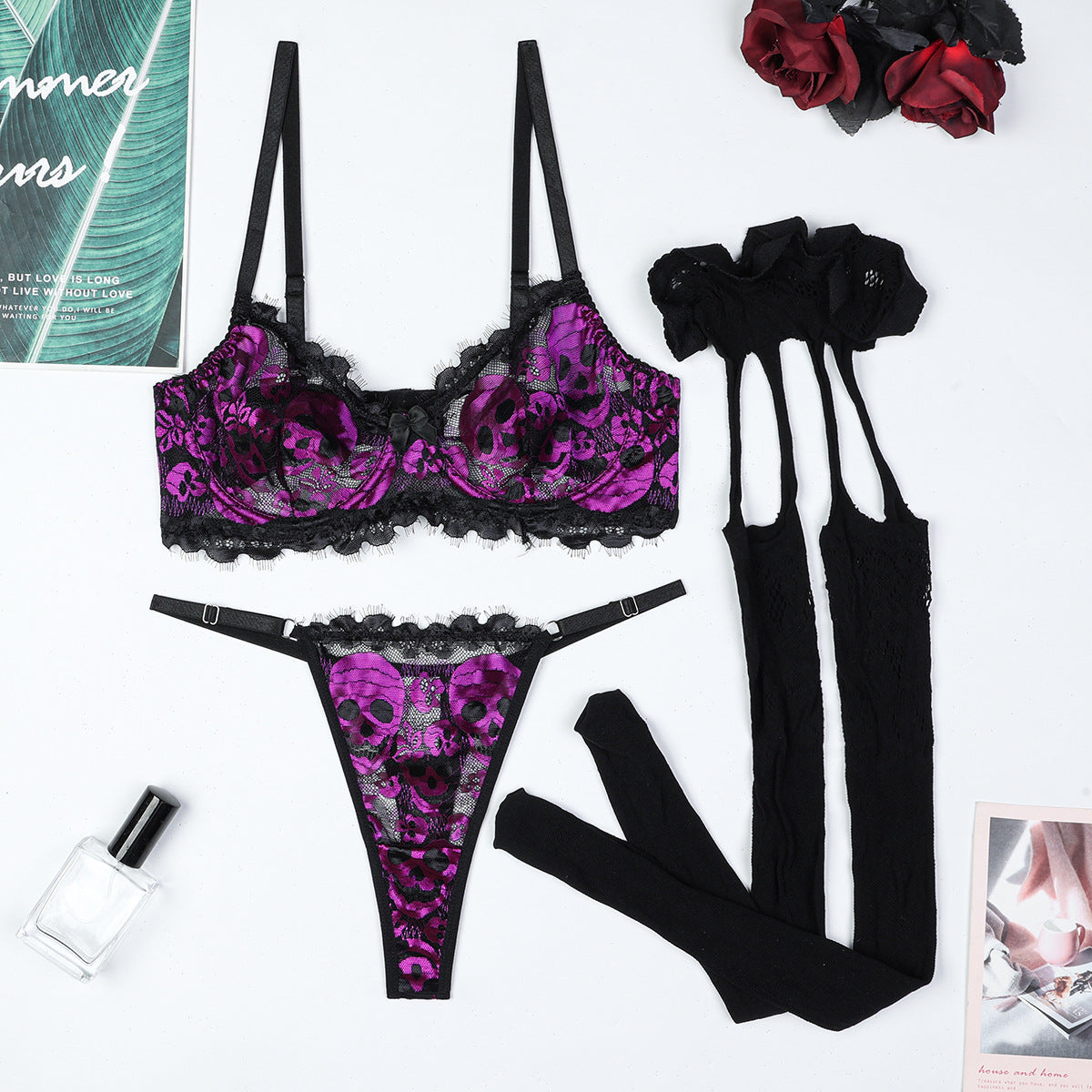 Skull Ghost Head Purple Black Contrasting Eyelash Elastic Lace Stockings Sexy Underwear Three Piece Sets