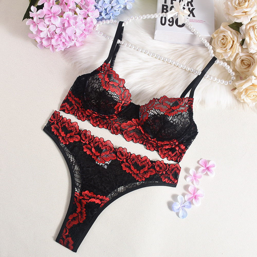 Lingerie Sexy Bra Contrast Color Sexy Lace Gathered See through Two Piece Set