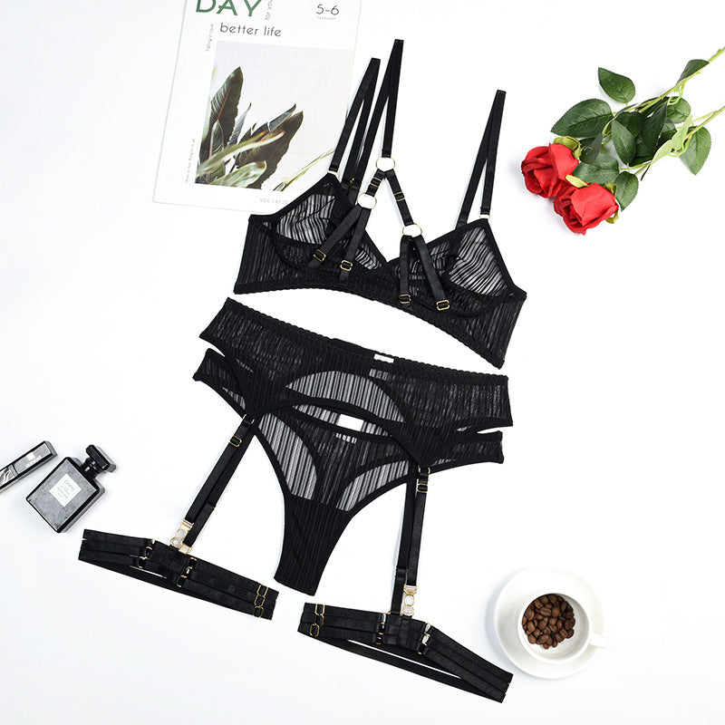 Complex Craft Striped Mesh Sexy Underwear Four Piece Set